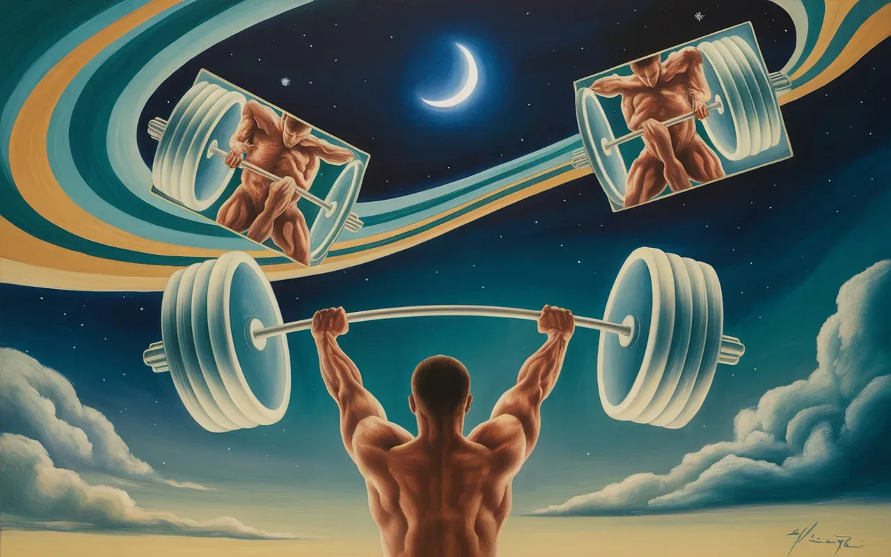 Surreal dreamscape of a person lifting glowing ethereal weights under a crescent moon, representing the psychology of weight-lifting dreams