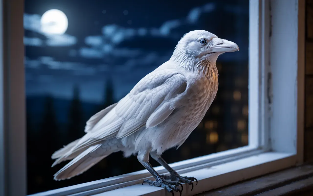 Close-up of a white crow with luminous eyes perched on a windowsill at night, spiritual and mysterious