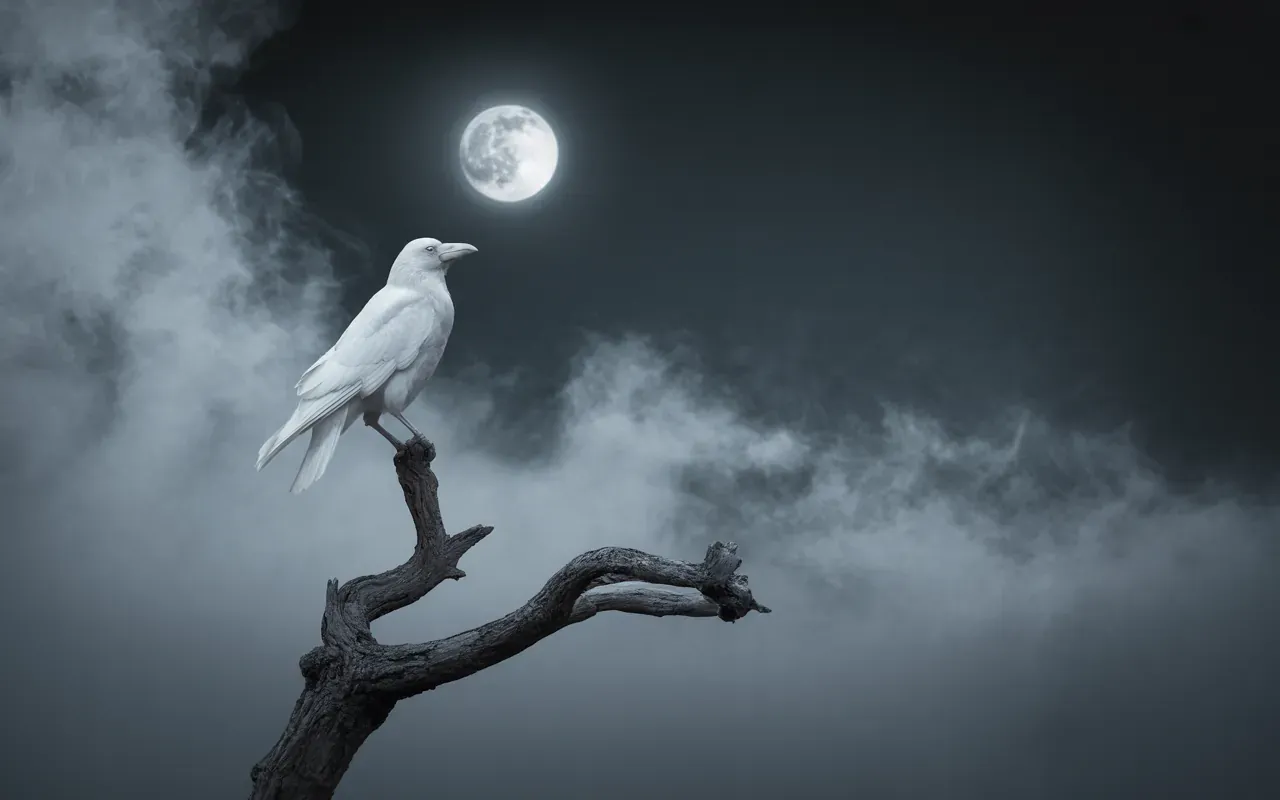 A white crow perched on a bare branch in moonlight, dreamlike and ethereal