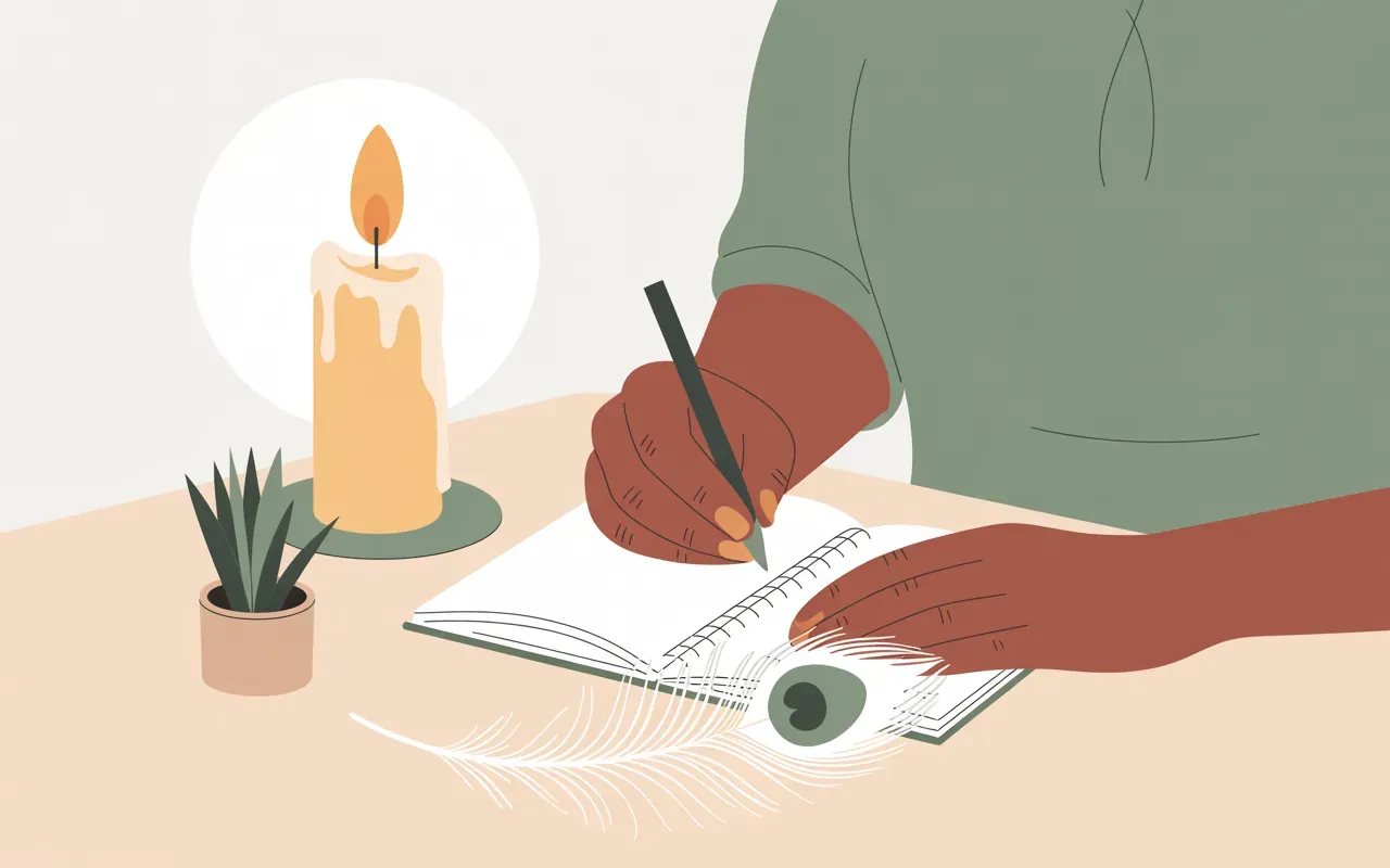 Person writing in a dream journal with a white peacock feather beside the notebook