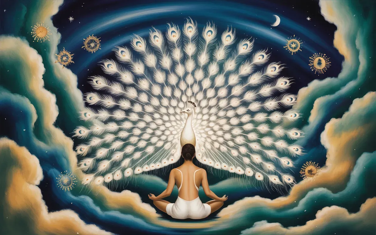 Person meditating with a white peacock spreading its feathers in a Jungian dreamscape