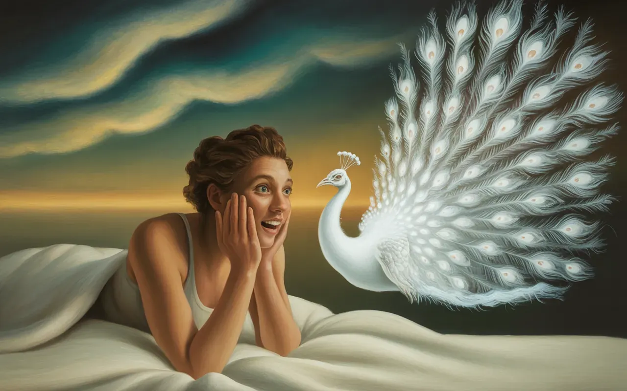 Person waking with wonder as a white peacock dissolves into light above them