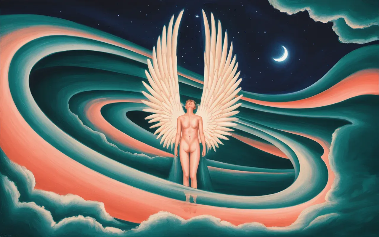 Person with luminous feathered wings in a Jungian dreamscape with teal and coral light, surrealist night sky