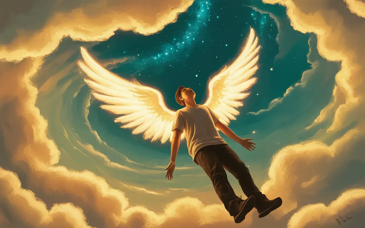 Person floating in a dreamscape sky with glowing feathered wings spread wide, golden and teal light, serene expression