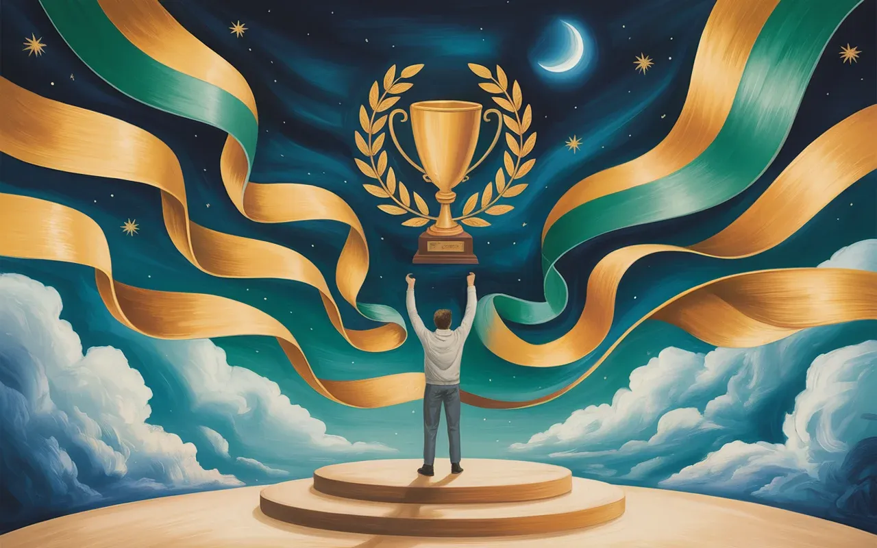 Person standing triumphant on a dream podium surrounded by swirling teal and amber light in a Jungian dreamscape