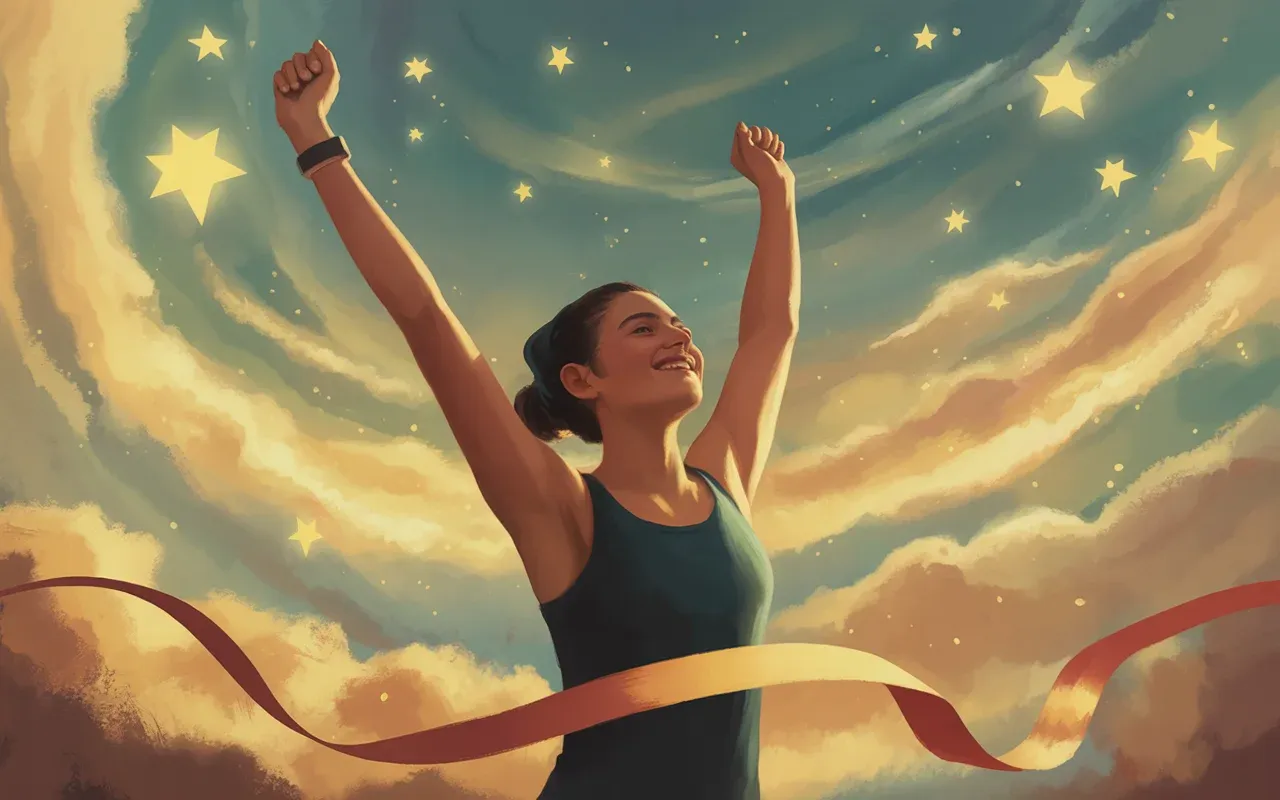 Woman raising her arms in victory at a glowing dream finish line, warm golden and teal dreamscape light