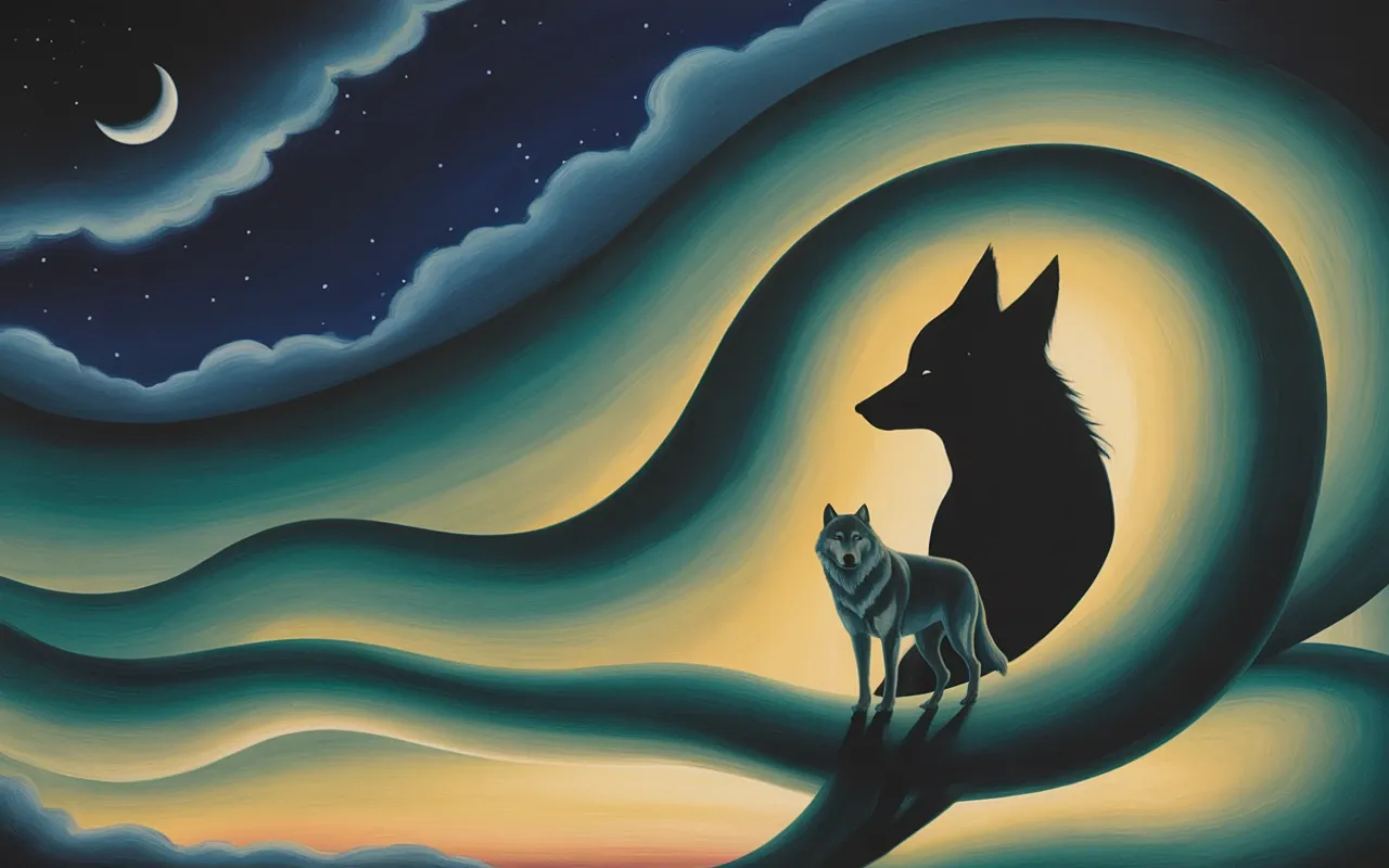 Jungian dreamscape with lone wolf and shadow archetype under crescent moon, swirling teal and amber light, painterly surrealist style