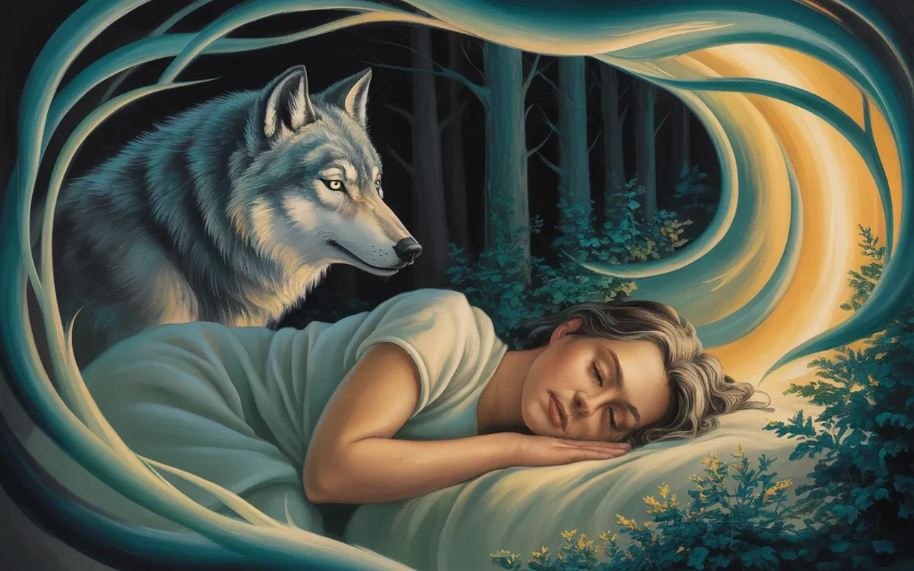 Person sleeping peacefully in moonlit forest with spectral protective wolf, swirling teal and golden dreamscape, painterly magical realism