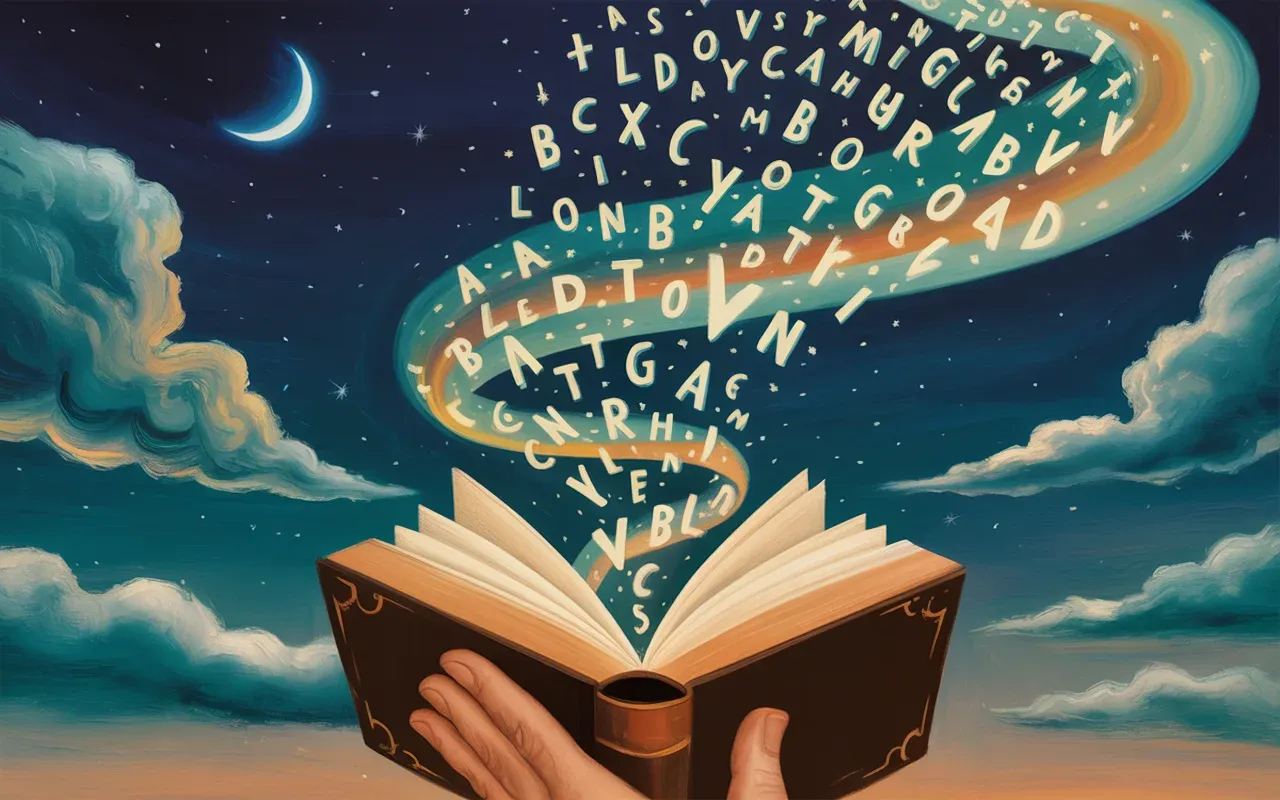 Person holding a glowing book with letters floating and rearranging in a surreal dreamscape with teal and amber light