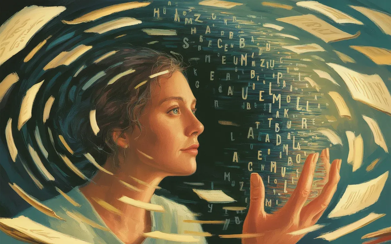 Woman gazing at shifting symbols on a dark mirror surface in a surreal dreamscape with golden and teal light
