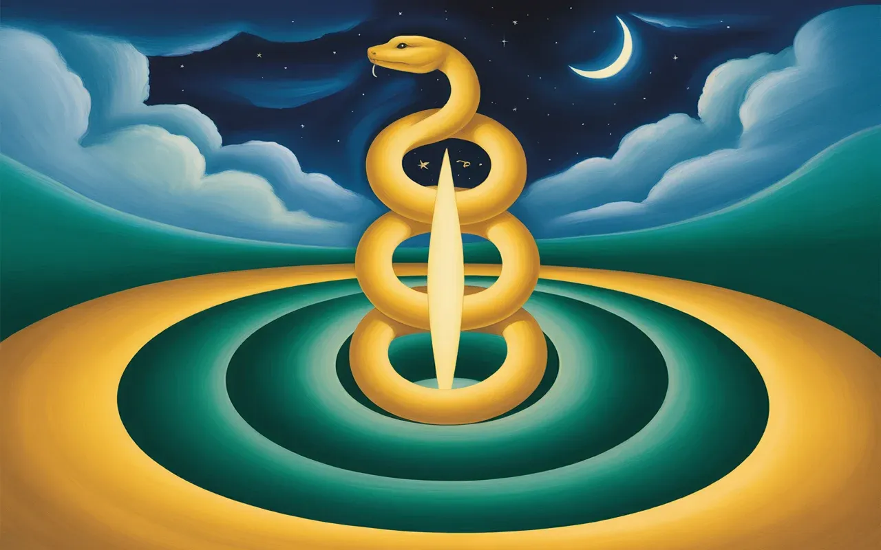 Abstract Jungian dreamscape with golden serpent symbolizing biblical spiritual testing and solar plexus awakening