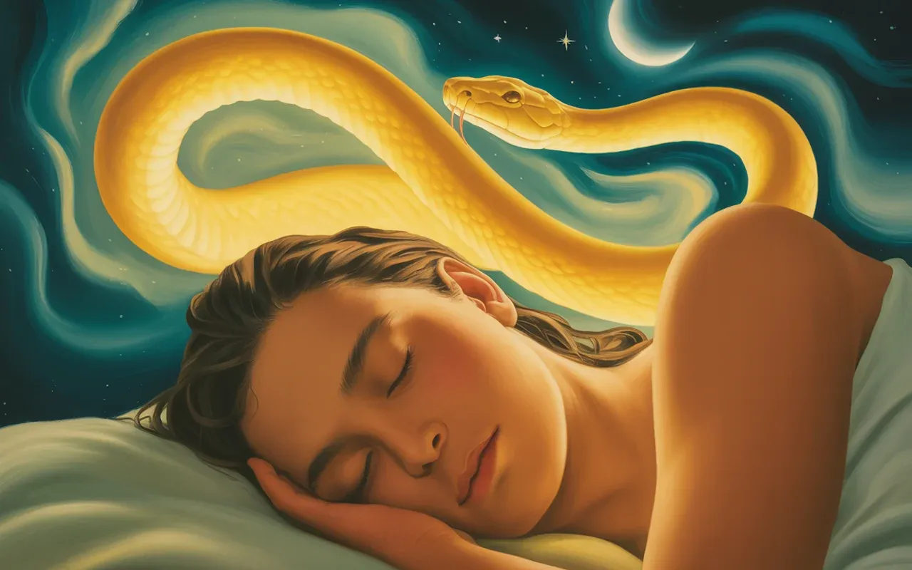 Person in a peaceful dreamscape with a glowing yellow serpent above — symbolizing spiritual awareness and transformation