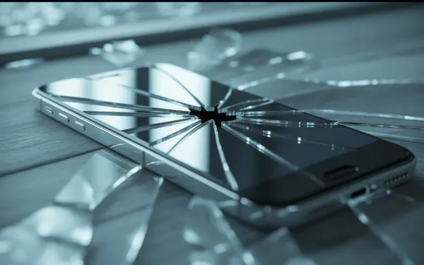 Cracked smartphone screen in a surreal dream setting with misty blue light