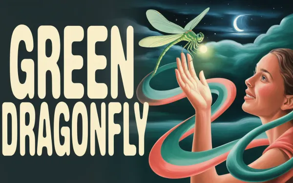 Green dragonfly landing on a woman's hand in a surrealist moonlit dreamscape