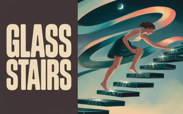 Woman climbing cracking glass stairs in a surrealist dreamscape with teal and coral swirling light