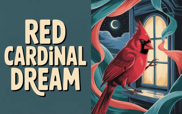 Surrealist dream painting of a red cardinal tapping on a glowing window at night