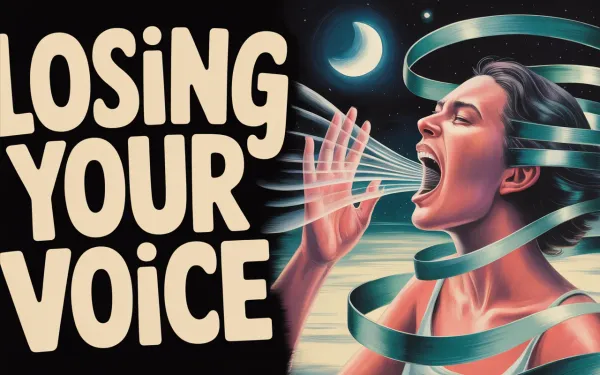 Surrealist painting of a woman losing her voice in a dream with teal and coral ribbons of light