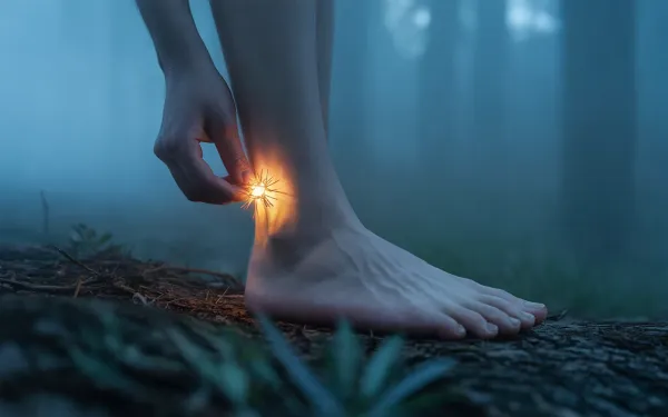 A bare foot on a dark forest floor with a glowing thorn being pulled free, dreamlike atmosphere